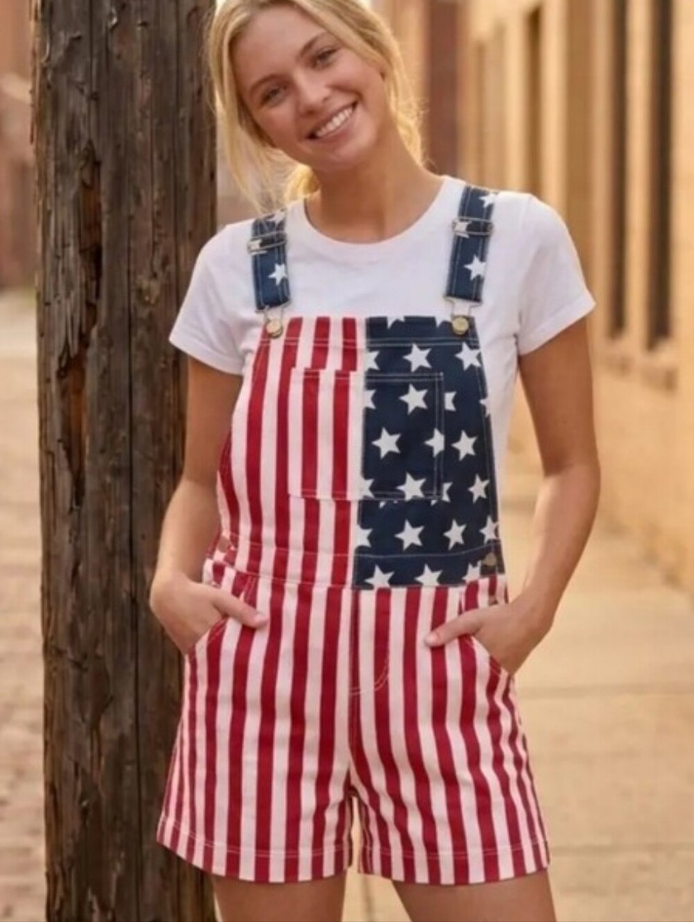American Flag Stripe Short Overalls - Red, White & Blue